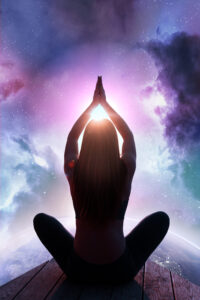 woman meditating with abstract background full shot